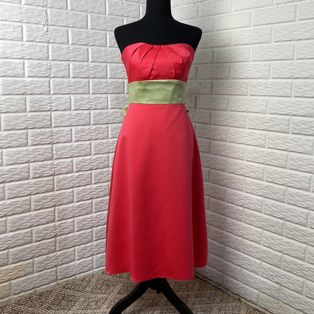 Forever Yours International satin t-length strapless Coral green sash size 4